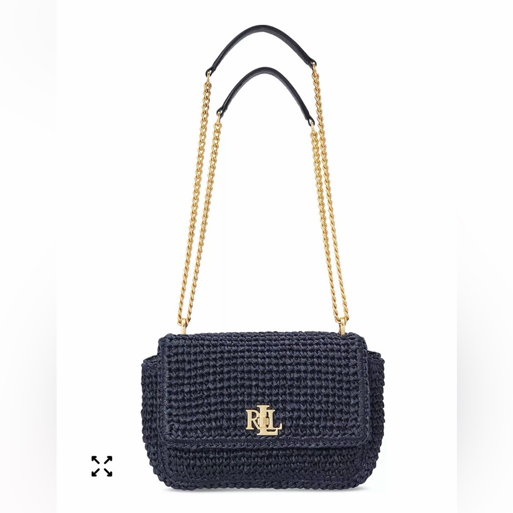 NWT Ralph Lauren Lauren Navy Sophee Woven Shoulder Bag with Gold Chain
